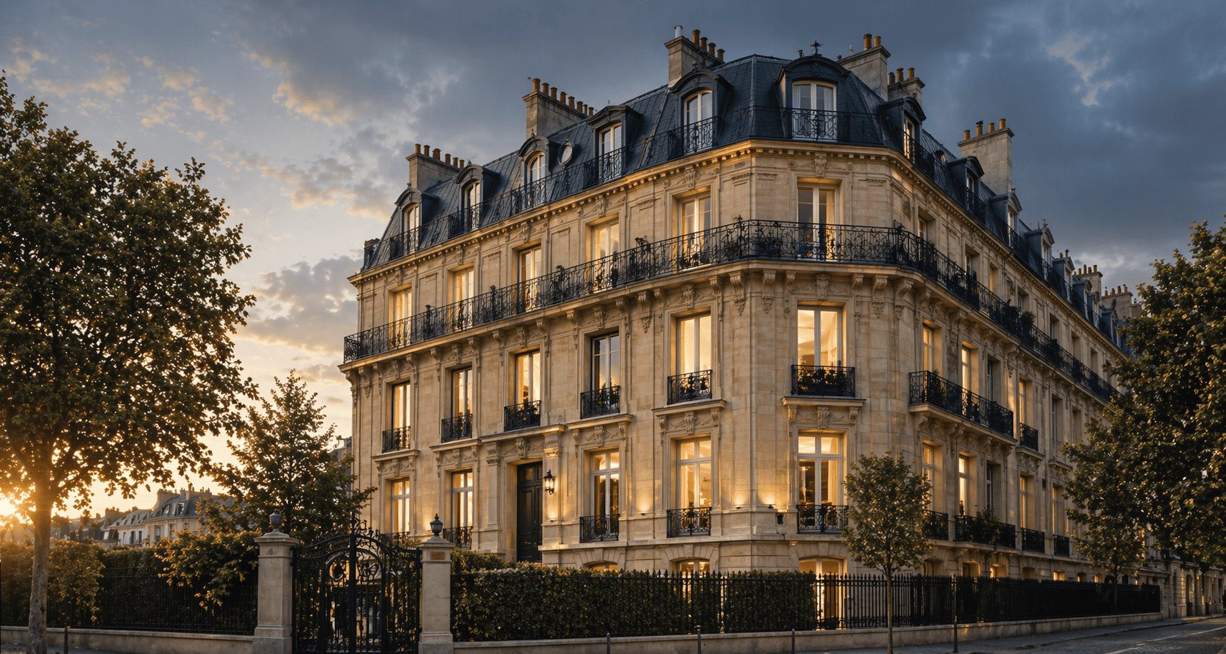 DNM Invest — Hôtel particulier haussmannien illuminé au crépuscule