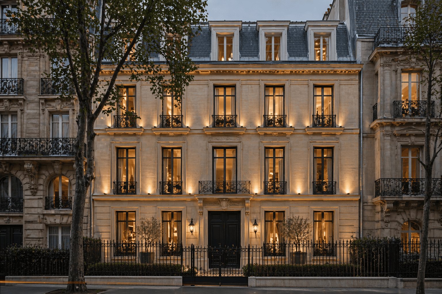 Façade haussmannienne illuminée au crépuscule