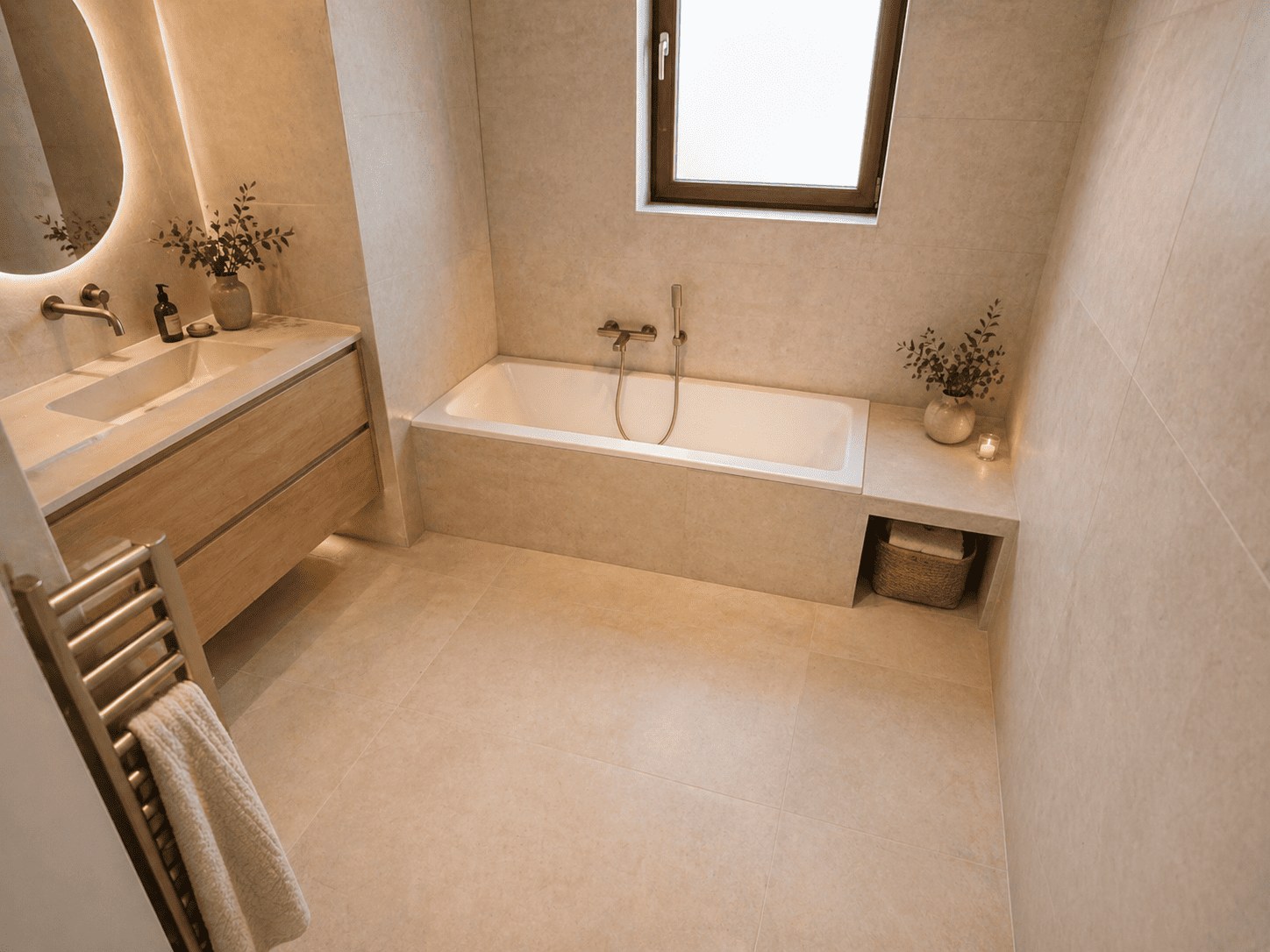 Projection — Salle d'eau contemporaine, douche italienne, double vasque