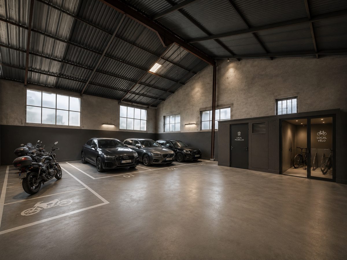 Projection — stationnements couverts dans le hangar